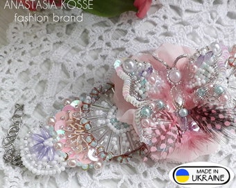 Bracelet Pink Butterfly / Gift for girl / Kids bracelet / Bead embroidered jewelry / Adjustable cuffs handmade / Multicolor bracelet