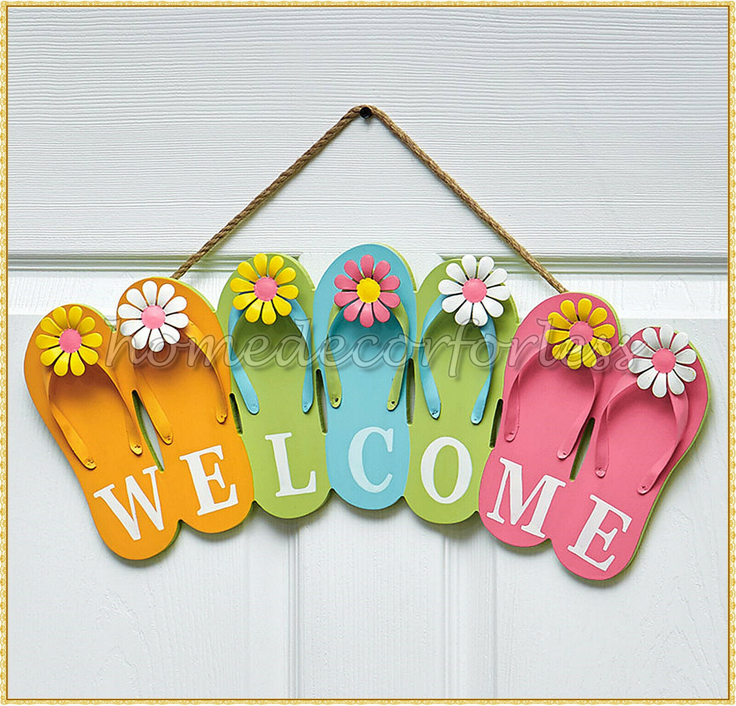 Wooden FLIP FLOP WELCOME Sign Wreath Colorful Daisies Summer Wall Pat…