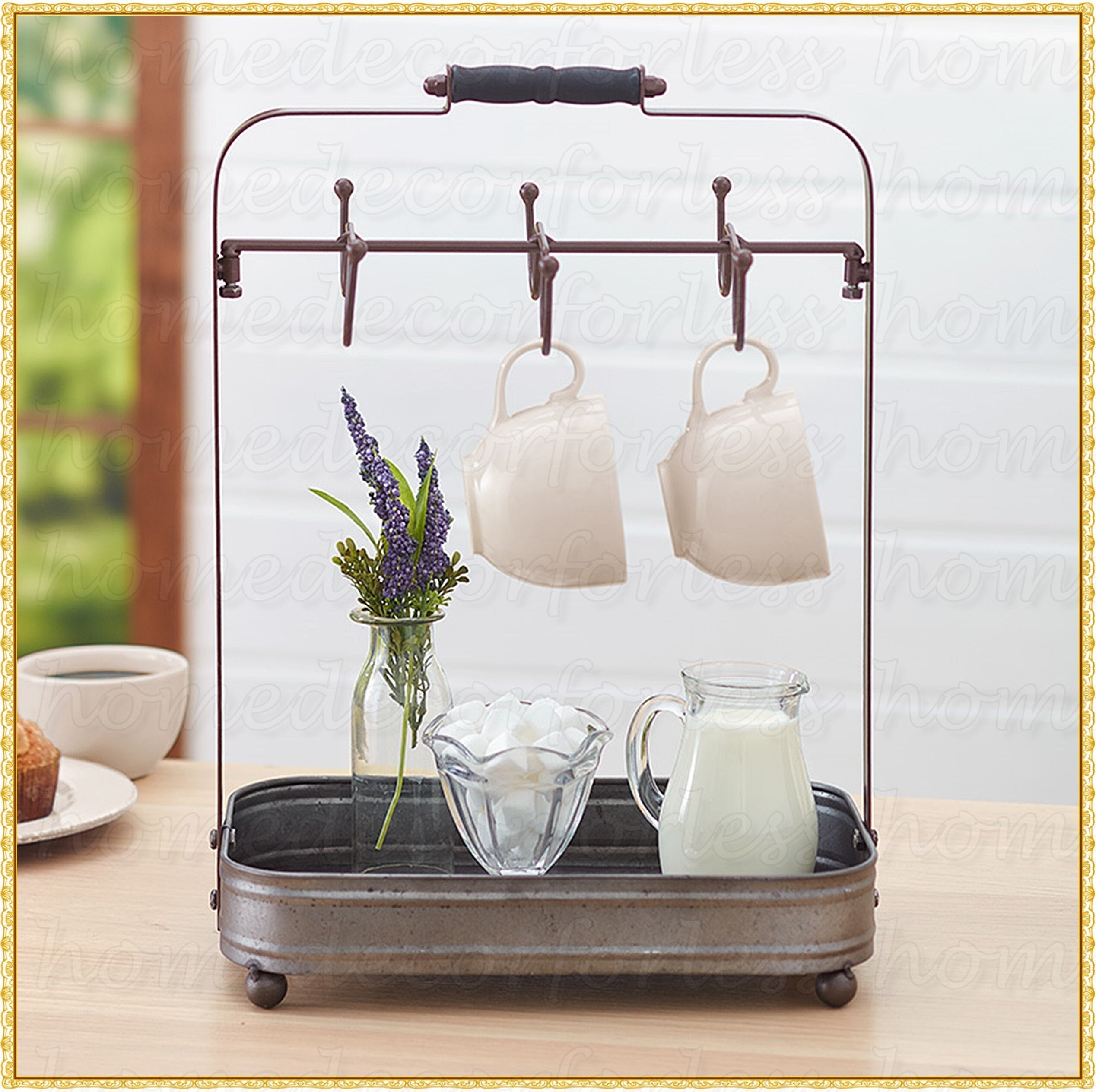 Farmhouse Coffee Mug Rack Holder With Tray Organizer Hooks Etsy