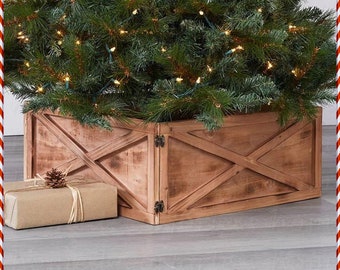 Decorative Farmhouse Christmas Tree Box Collar Skirt Ring Cover Holiday Decoration | Natural Barn Style Tree Box | Christmas Decor