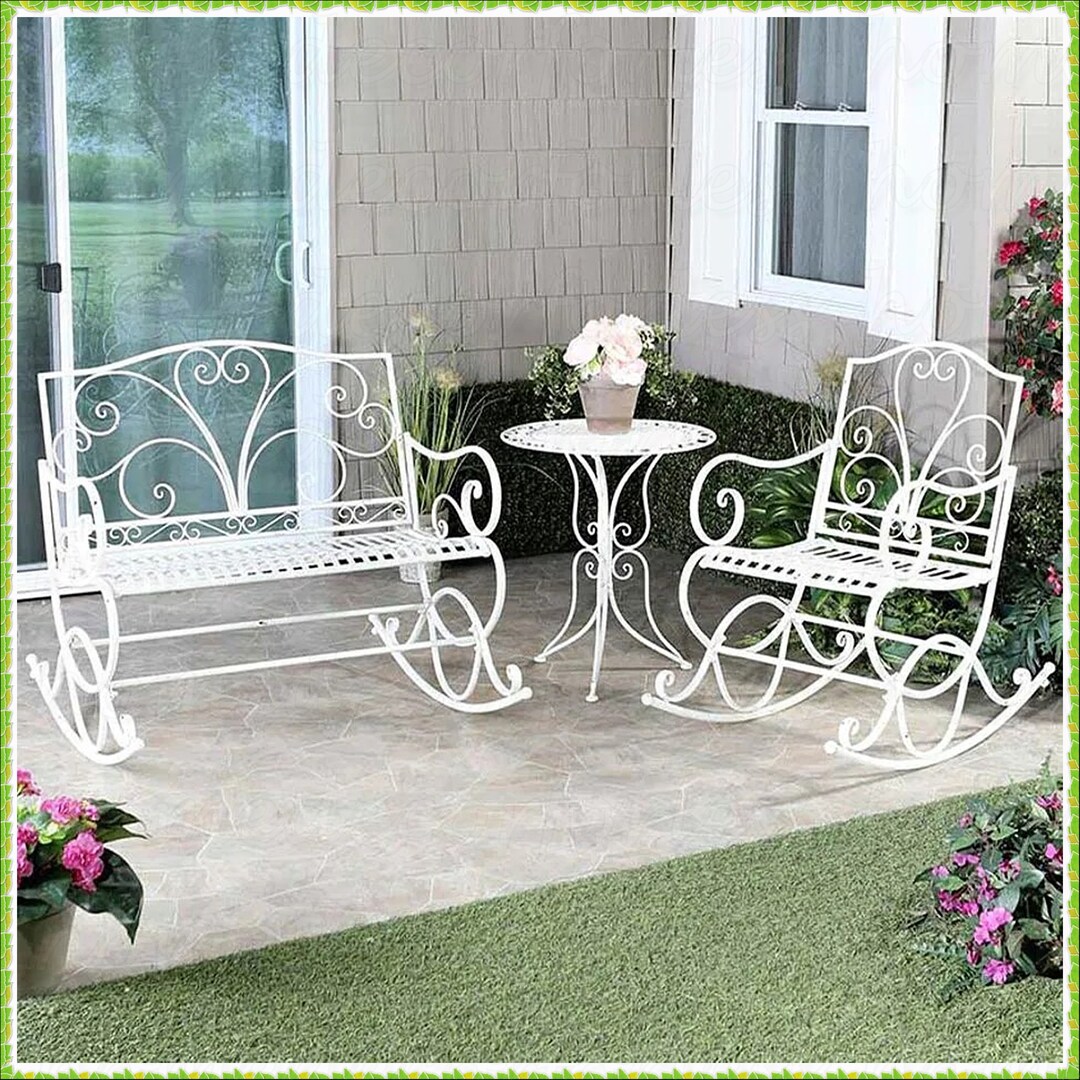 White Metal Rocking Garden Bench Chair or Table Patio Porch Etsy