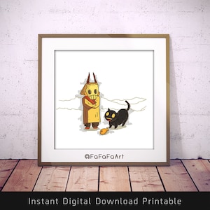 Yellow Mask with Lucky black cat Print big horn For Cute Cozy Room Wall deco Square Size DIGITAL DOWNLOAD image 1