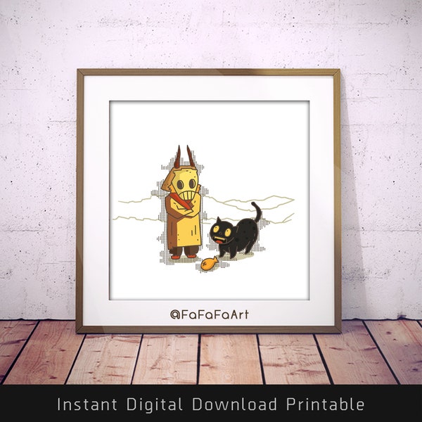 Yellow Mask with Lucky black cat Print | big horn | For Cute Cozy Room | Wall deco | Square Size | DIGITAL DOWNLOAD |