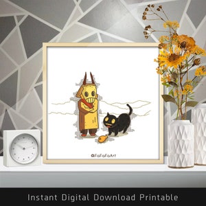 Yellow Mask with Lucky black cat Print big horn For Cute Cozy Room Wall deco Square Size DIGITAL DOWNLOAD image 5