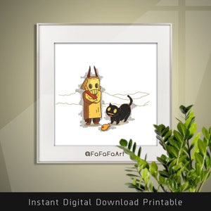 Yellow Mask with Lucky black cat Print big horn For Cute Cozy Room Wall deco Square Size DIGITAL DOWNLOAD image 2