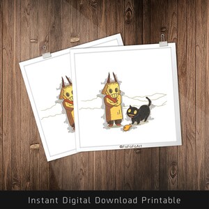 Yellow Mask with Lucky black cat Print big horn For Cute Cozy Room Wall deco Square Size DIGITAL DOWNLOAD image 3