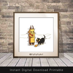 Yellow Mask with Lucky black cat Print big horn For Cute Cozy Room Wall deco Square Size DIGITAL DOWNLOAD image 4