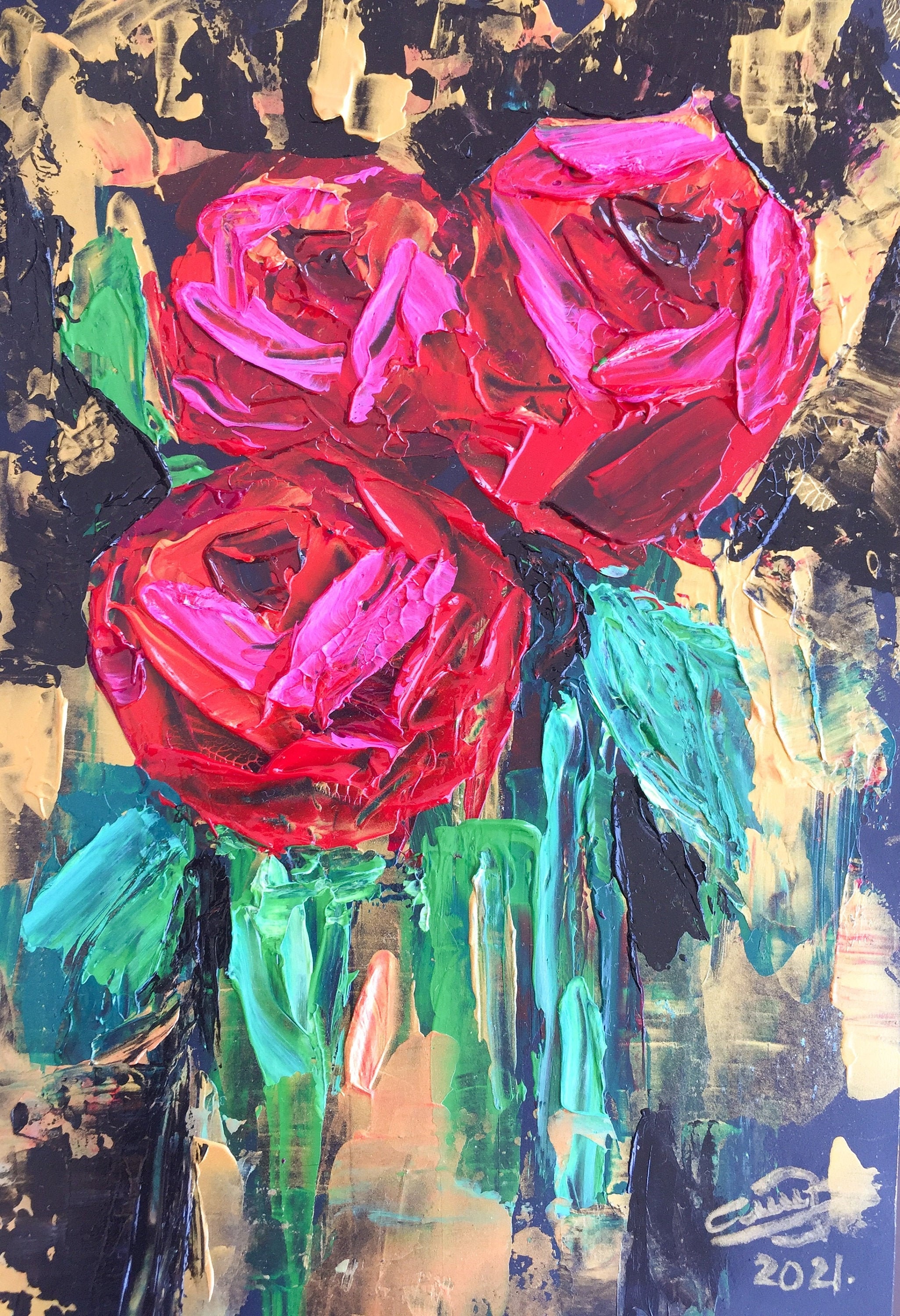 Rote Rosen Malerei Floral Original Kunst Blumen Impasto Wand | Etsy