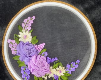 Embroidered rose, ribbon work, wall hanging art, handmade, a unique gift, ribbon1 embroidery hoop, ribbon embroidery art, roses on the wall