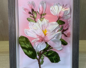 Embroidered design3, flowers & leafs, ribbon embroidery, satin works, ribbon embroidery art flower on the table