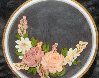Embroidered rose, ribbon work, wall hanging art, handmade, a unique gift, ribbon3 embroidery hoop, ribbon embroidery art, roses on the wall