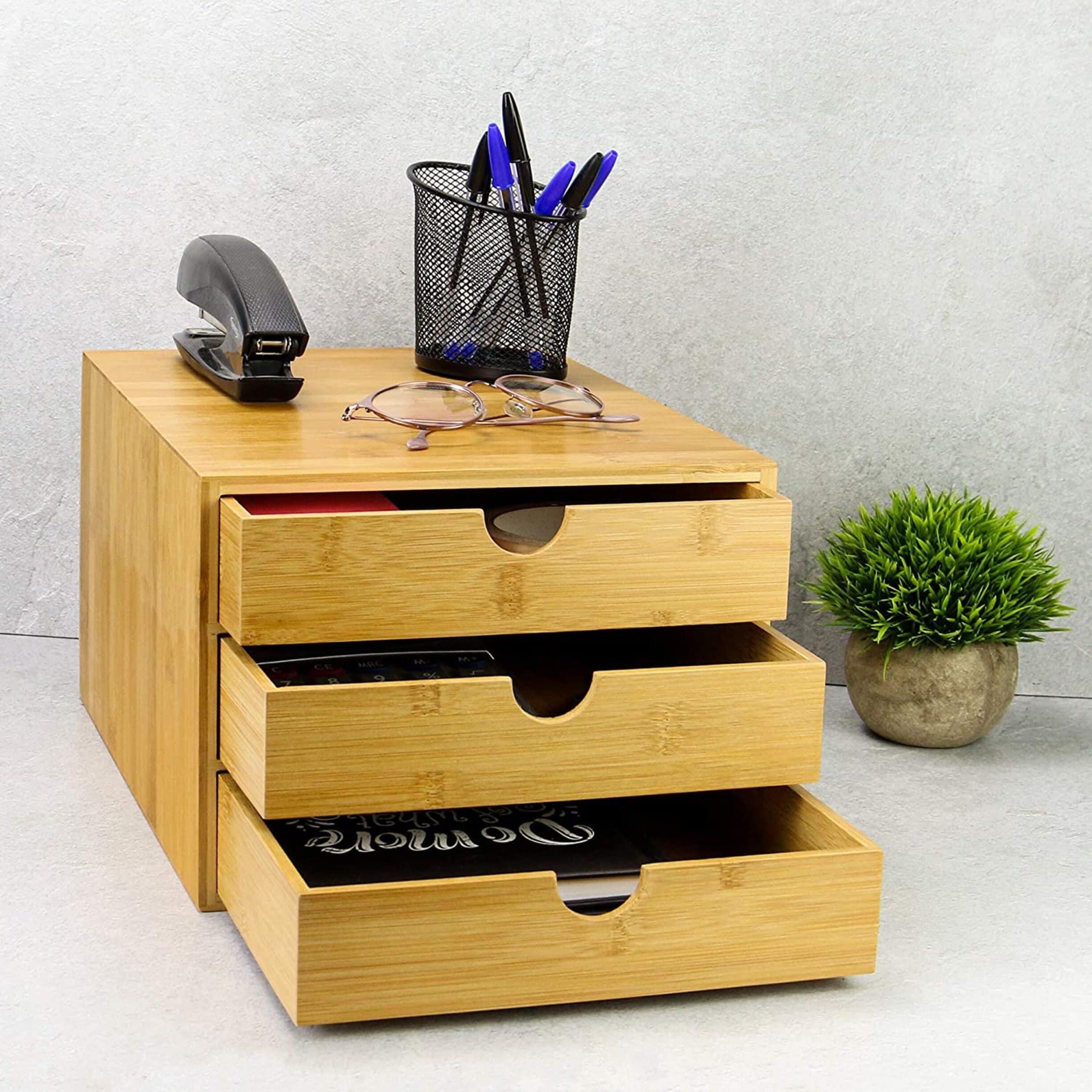 Bamboo Desk Top 3 Drawers Bamboo Organiser Stationary Etsy