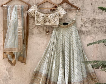 Op de afbeelding: Een lichtblauwe, geborduurde rok met een bijpassend, geborduurd wit topje en een doorschijnende lichtblauwe dupatta met gouden rand.