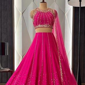 Pink Georgette Lehenga with Beads, Sequins Work Blouse, For Flower Girls And Bridesmaids Customised Wedding Outfits Indian Ethnic Skirt