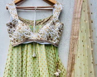 Pastel Mint Green and Ivory Lehenga Set, Bridesmaids Dress,Reception Party Wear,Indian Wedding Woman Outfits,American Cocktail Wedding Dress