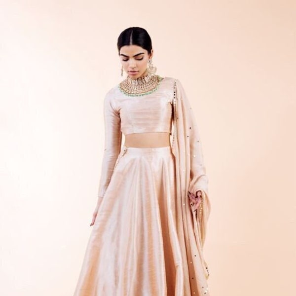 Pale Peach Sami Raw Silk Skirt With Full Sleeves Top And Mirror Embroidered Net Silk Dupatta, Designer Made Wedding Party  Bridesmaid Dress