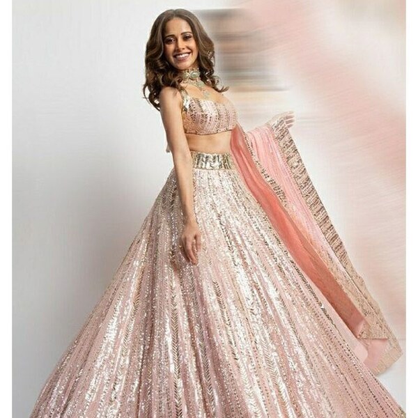 Peach Pink Designer lehenga choli for women party wear, Bollywood lengha Indian wedding wear custom bustier Bridesmaids Special Collection