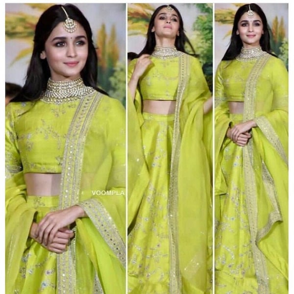 Alia Bhatt Silk A Line Lehenga Choli In Lemon Lime Green Colour Plus Size Lehenga Mommy Daughter Lehenga Customize Lehenga