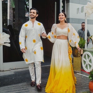 Couple Set White & Yellow Haldi Special Haldi Lehenga Choli For Women Indian, Wedding Party Wear Lengha Choli, Mahendi, Festive, Bridesmaid