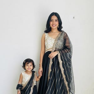 Black and White Silk Lehenga Choli for Toddler Girls - Kids Indian Ethnic Ready to Wear Ghagra Choli with Dupatta - Party Wear Lehenga