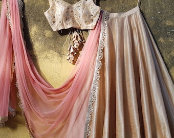 Beige Raw silk Lehenga set, detailing paired with dupatta, Customised Color, Custom Stitching Flower Girls Bridesmaids Wedding Lehenga Choli
