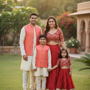 家族お揃いのコーラル刺繍レヘンガチョリ、ネールジャケットセット、インドの結婚式