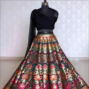 Black Color Silk One-shoulder Blouse and Lehenga Set Cocktail - Etsy