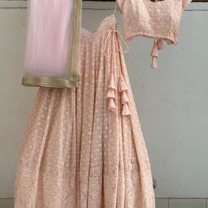 May include: A light pink, embroidered lehenga set, including a skirt, blouse, and dupatta. The skirt and blouse feature intricate patterns. The dupatta has a gold border. The set is hanging on wooden hangers.