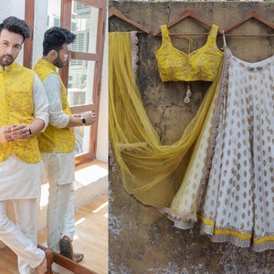 Indian Couples Outfit Combo, Yellow Designer Lehenga Choli With Men's Vest Jacket Set, Indian Men's Wear All Color Can Be Customized