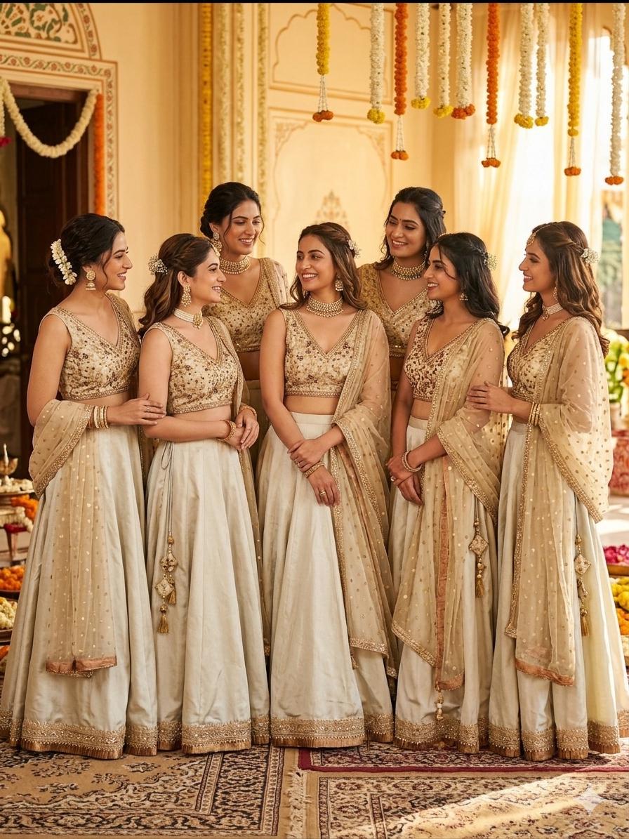 Light Grey Silk-Satin Lehenga Choli Set for Women - Gold Embroidery, Sequins, Bridesmaid Outfit