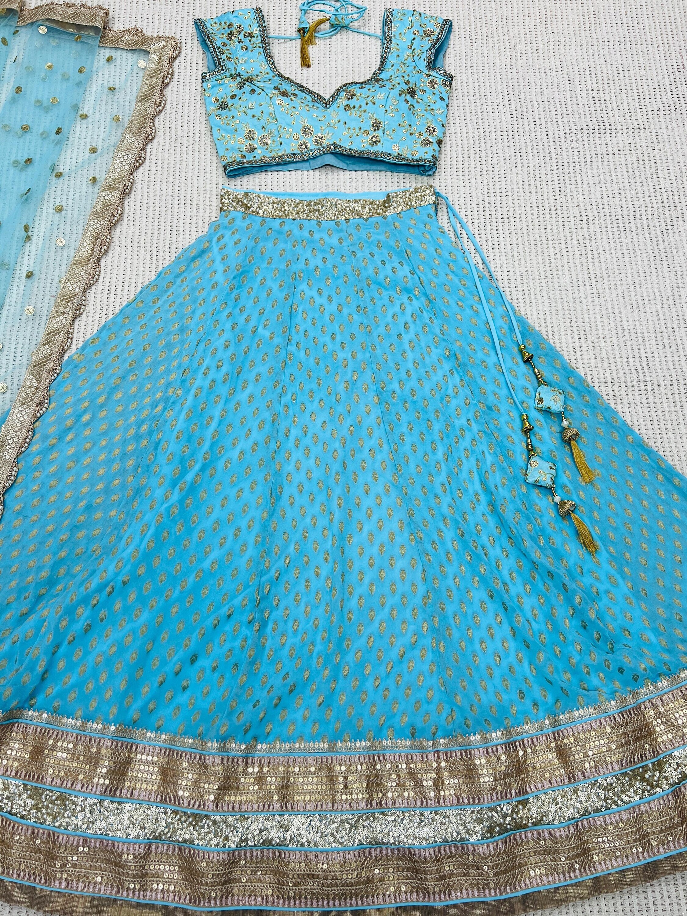 sky blue and green combination dress Blue and Rama green designer gown