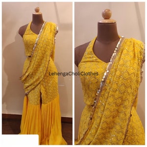 Yellow And Your Choice Color Viscose Georgette Sharara Gharara Suit Indian Pakistani Wedding Occasion Reception Party Cocktail Sharara Suit