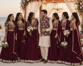 Burgundy Bridesmaid Lehenga | Indian Wedding Guest Outfit | Embroidered Lehenga Choli