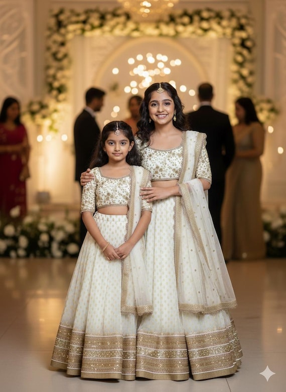 Ivory and Gold Designer Lehenga Choli for Women & Girls-Wedding Lehenga-Mother Daughter Matching Outfits Indian Ethnic Wear -Custom Tailored