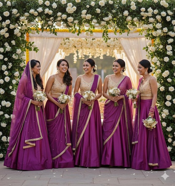 Floral Embroidered Blouse And Purple Silk Lehenga Set - Indian Bridesmaid Outfit - Mehendi & Sangeet Wear Custom Stitched Festive Ensemble