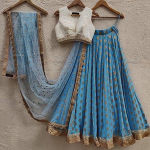Azure Blue zari buti lehenga with White Silk Blouse, Indian Designer Lehenga, Wedding Lehenga, Bridemaids Lehenga, Crop top skirt Dress Set