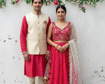 Matching Couple's Indian Ethnic Set | Pink Lehenga & Kurta Pajama Combo