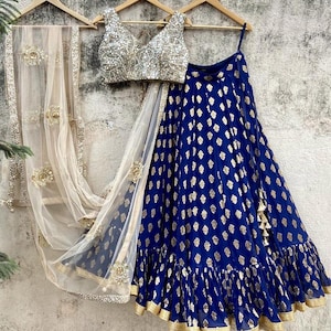 Indigo Ruffle Lehenga Set: Beige Embroidered Blouse & Dupatta