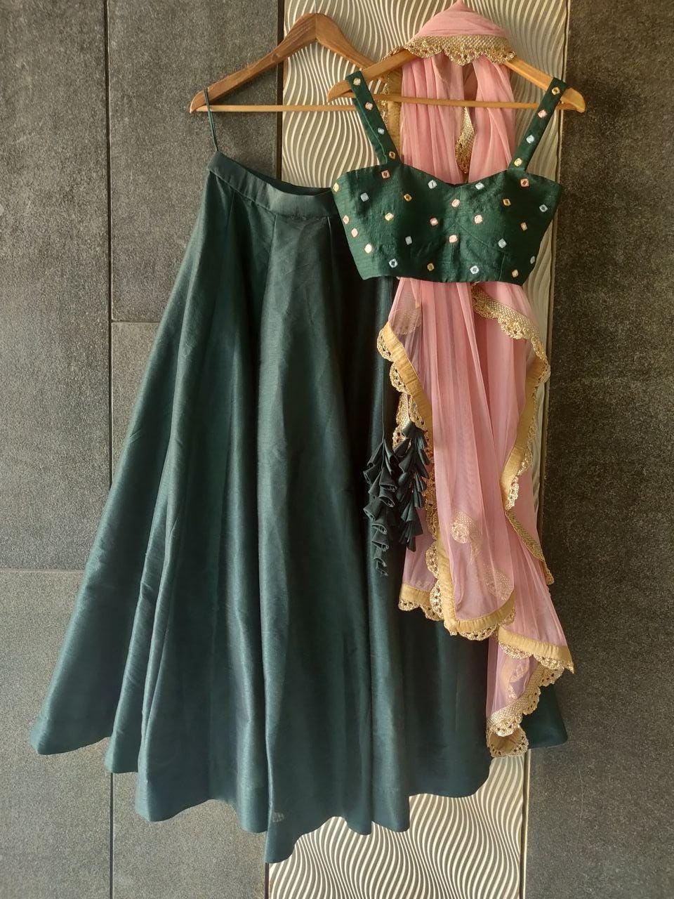 Deep Green Raw Silk Lehenga Set: Sequins & Zardosi Indian Wedding Outfit