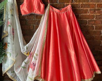 Tomato raw silk Lehenga set with tassel detailing paired with Ivory printed dupatta, Any Your Choice Color Made To Orders Fully Customized