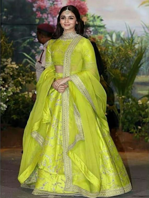 Lime Green Colour Embroidered Choli with Lehenga