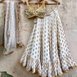 Ivory Ruffle Lehenga Set: Pearl & Beadwork Indian Wedding Outfit