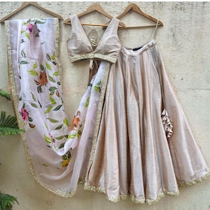 Beige Raw Silk Lehenga Set Hand Painted Dupatta, Bridesmaid Indian Outfits