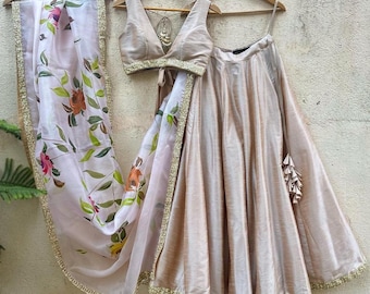 Beige Raw Silk Lehenga Set Hand Painted Dupatta, Bridesmaid Indian Outfits
