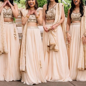 Champagne Peach Color Indian American Wedding Customized Lehenga Choli, Family Custom Made Outfits, Couple Set Bridesmaid Specials Lehenga