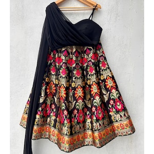 Impressive Banarasi Indo-Western Crop Top Lehenga, Bridesmaid Dress, Indian American Wedding Reception Custom Stitched Outfits, Festival