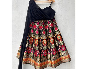 Impressive Banarasi Indo-Western Crop Top Lehenga, Bridesmaid Dress, Indian American Wedding Reception Custom Stitched Outfits, Festival