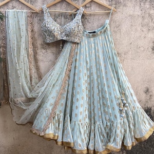 Powder Blue Georgette Ruffle Lehenga: Beaded Indian Wedding Outfit