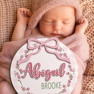 Birth Announcement Sign, Baby Announcement Sign, Pink Bow Coquette Baby Name Sign, Baby Shower Gifts, Baby Girl Name Sign, Newborn Gifts