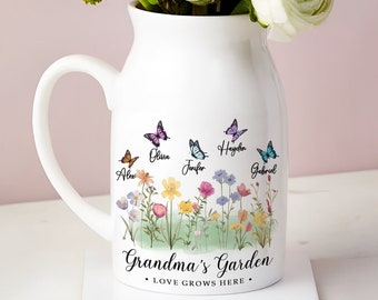 Jarrón de flores del jardín de las abuelas, jarrón de flores de la abuela, regalo del día de las madres, regalo de la abuela, jarrón de flores personalizado del nombre del nieto, jarrón personalizado